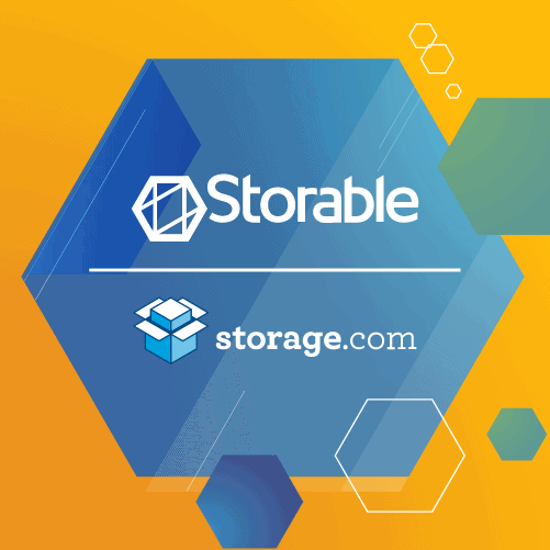 Hexagonal graphic with Storable and storage.com logos on a blue and orange background with geometric shapes.
