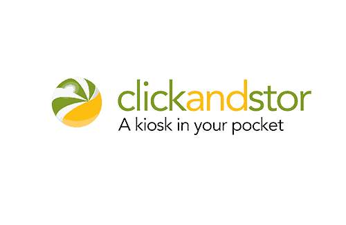 Logo for ClickandStor with a green and yellow circular design and the text "A kiosk in your pocket" below.