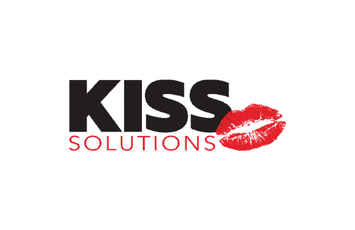 Logo with the text "KISS SOLUTIONS," where "SOLUTIONS" is smaller. There's a red lipstick kiss mark near the letter "S." Background is red.