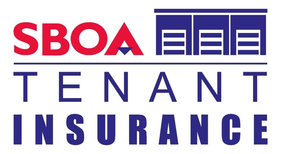 Logo of SBOA Tenant Insurance featuring bold red and blue text with a graphic of storage units above the word "Tenant.