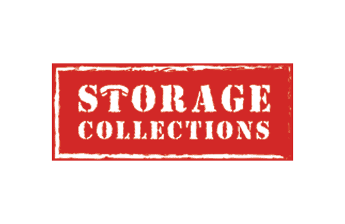 Red rectangular logo with white text reads "STORAGE COLLECTIONS," with a distressed, stamped appearance.