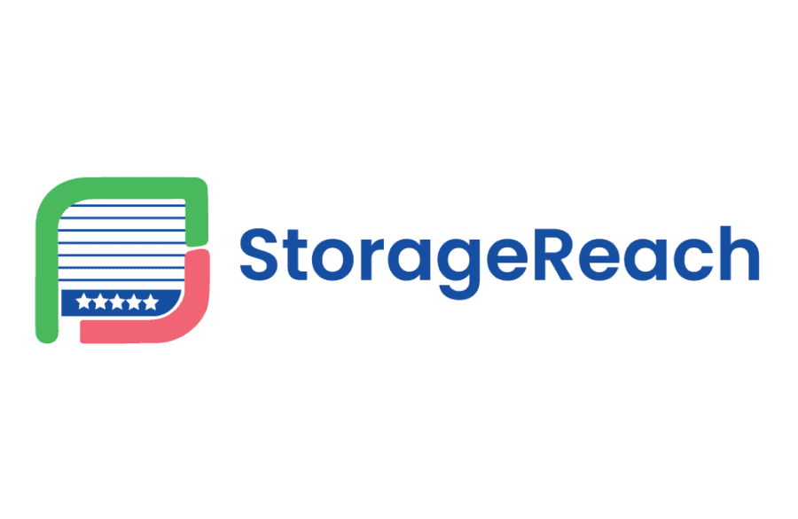 Logo of StorageReach with a stylized "S" containing horizontal lines and stars on the left, and the company name in blue text on the right.