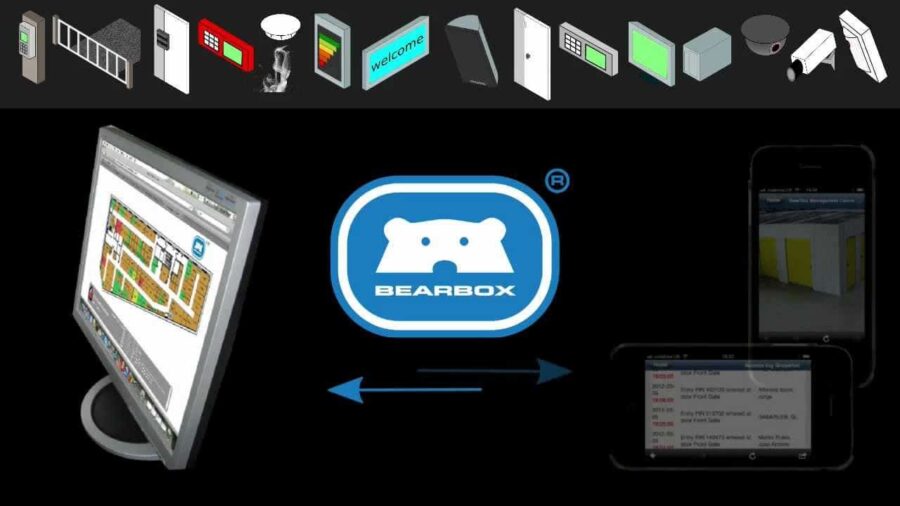 BearBox logo centered on a black background; flanked by a computer screen displaying a layout and two smartphones. Icons of various devices appear above.