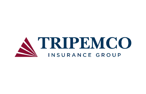 Logo of Tripemco Insurance Group featuring a maroon triangular design on the left with text in blue.