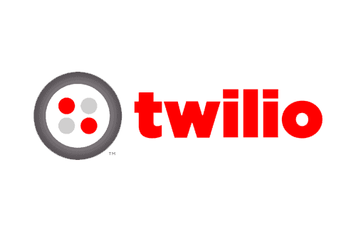 Twilio logo featuring a gray circle with four red dots to the left of the word "twilio" in bold red lowercase letters.