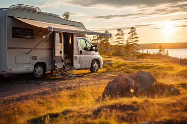 A camper van with an extended awning and folding chair is parked on a grassy area near rocks. The sun is setting over a lake and silhouetted trees in the background.