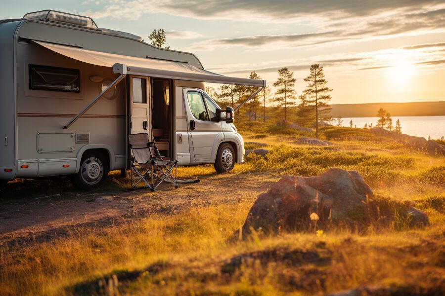 A camper van with an extended awning and folding chair is parked on a grassy area near rocks. The sun is setting over a lake and silhouetted trees in the background.