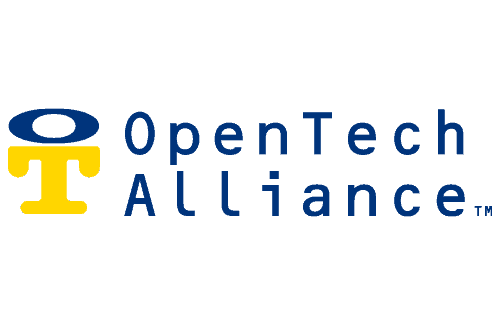 Logo of OpenTech Alliance with a yellow T and surrounding text in dark blue.