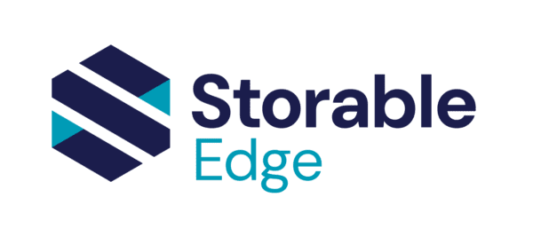 Logo of Storable Edge featuring a geometric hexagonal symbol with dark blue and teal sections next to the text "Storable Edge" in dark blue and teal.