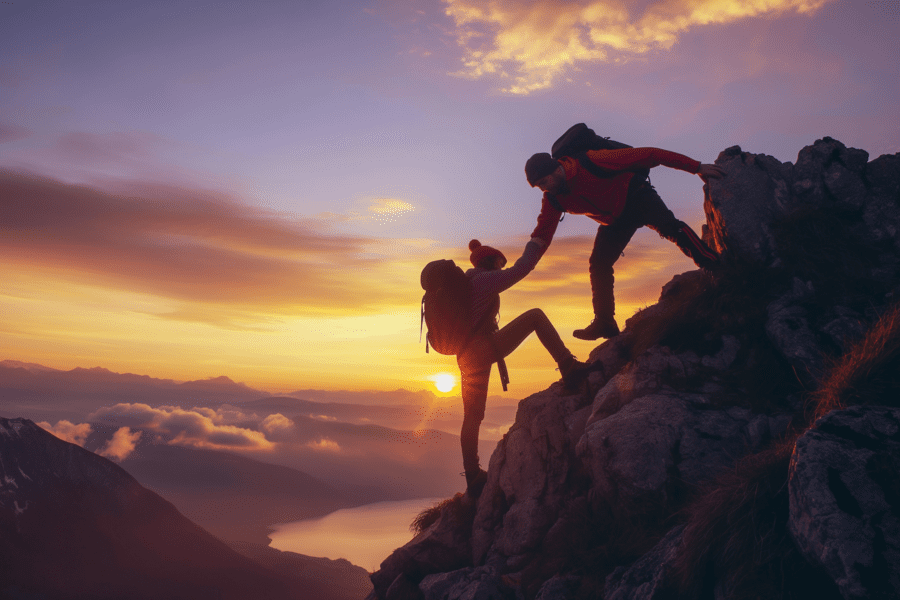 Two hikers in silhouette assist each other up a rocky slope during a sunset, with a scenic view of mountains and a lake in the background.