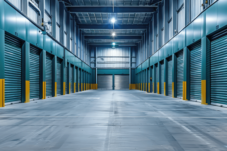 Interior view of a modern self-storage facility with closed blue roll-up doors lining a wide, empty central aisle under bright overhead lighting.
