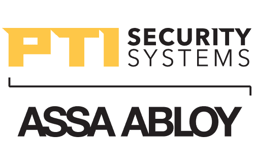 Logo of PTI Security Systems with "ASSA ABLOY" written below in bold letters. The text "Security Systems" is in a smaller font next to "PTI".