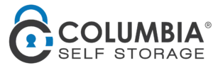 Logo of Columbia Self Storage with a padlock icon on the left, featuring a person silhouette inside a lock design. The text "Columbia Self Storage" is written in bold, dark letters.