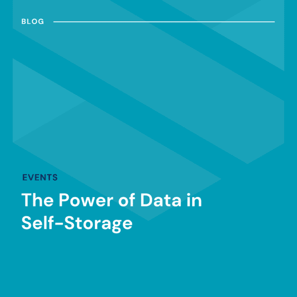 Blue graphic with diagonal lines and text: "BLOG EVENTS The Power of Data in Self-Storage".