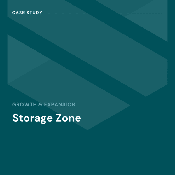 Teal graphic with diagonal stripes on the left. Text reads: "Case Study. Growth & Expansion. Storage Zone.