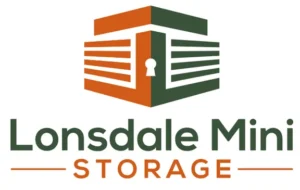 Logo for Lonsdale Mini Storage featuring a stylized storage unit with a keyhole, and the company name in green and orange text below.