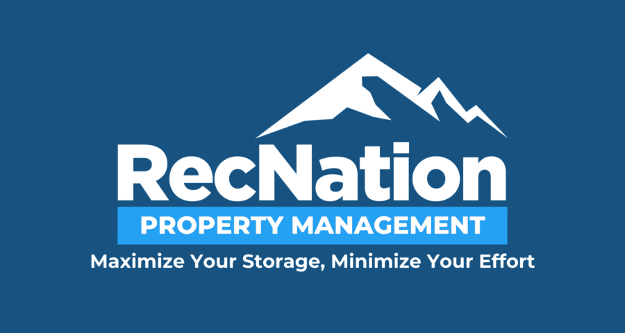 RecNation Property Management logo with a white mountain graphic above the name and slogan, "Maximize Your Storage, Minimize Your Effort," on a blue background.