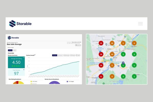 A website dashboard for storage facilities, featuring ratings and reviews on the left, a map with numbered location markers on the right, and integrated digital marketing services to boost online visibility.