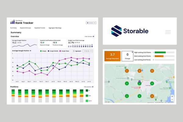 Dashboard displaying SEO rank tracking charts and a map with location-based ranking data for Storable, featuring average rank positions and color-coded points—ideal for optimizing your digital marketing services strategy.