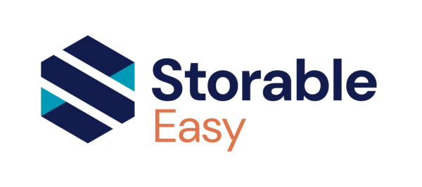 Logo with a blue geometric hexagon design to the left and the words “Storable Easy” in blue and orange text to the right.