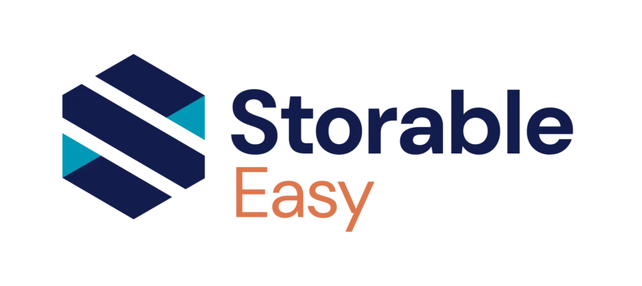 Logo with a blue geometric hexagon design to the left and the words “Storable Easy” in blue and orange text to the right.