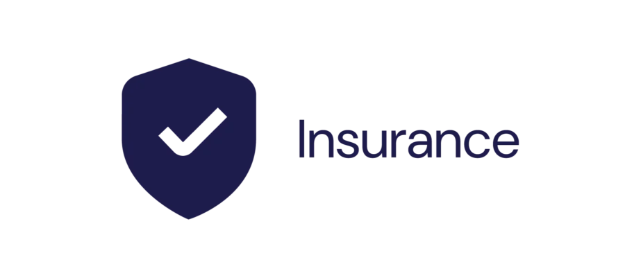 A dark blue shield with a checkmark icon next to the word "Insurance" in plain font on a white background.
