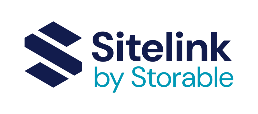 Sitelink by Storable logo featuring a geometric "S" symbol and the company name in blue and teal text on a transparent background.