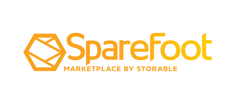 SpareFoot logo with yellow geometric icon and text "SpareFoot Marketplace by Storable" on a transparent background.
