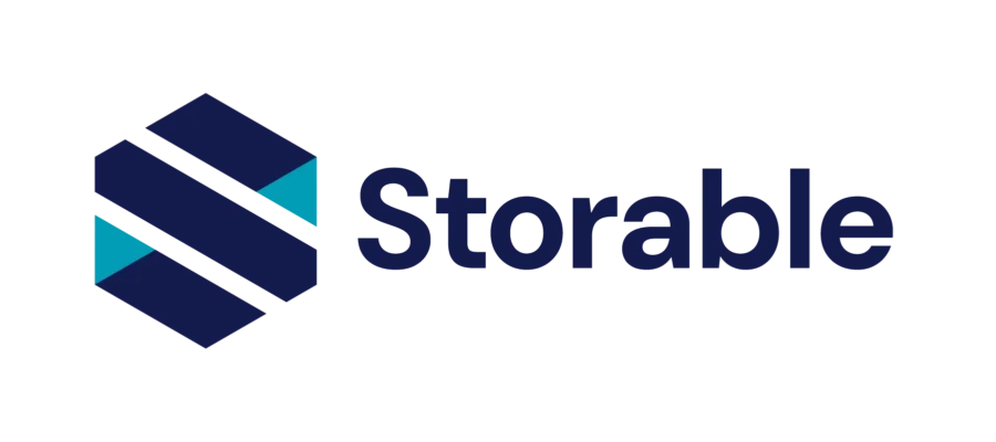 Storable logo featuring a geometric hexagon with dark blue and teal segments, next to the word "Storable" in dark blue text.