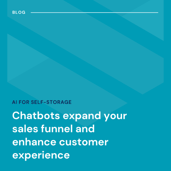 Blue graphic with text: "Chatbots expand your sales funnel and enhance customer experience" under the heading "AI for Self-Storage.
