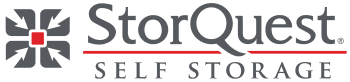 StorQuest Self Storage logo with a geometric, symmetrical icon on the left and "StorQuest Self Storage" text to the right, separated by a horizontal red line.