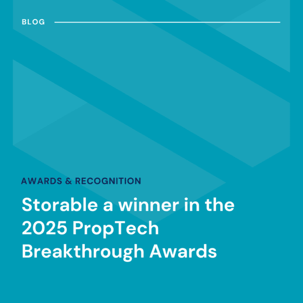 Blue graphic with text: "Storable a winner in the 2025 PropTech Breakthrough Awards" under the heading "Awards & Recognition.