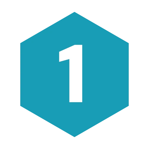 A blue hexagon with a large white number 1 in the center on a transparent background.