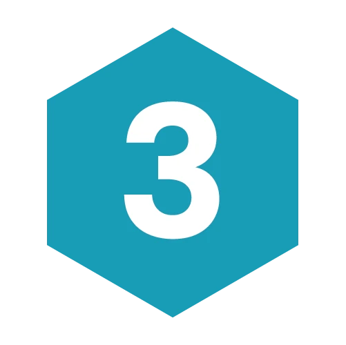 A white number 3 centered on a blue hexagon with a black background.