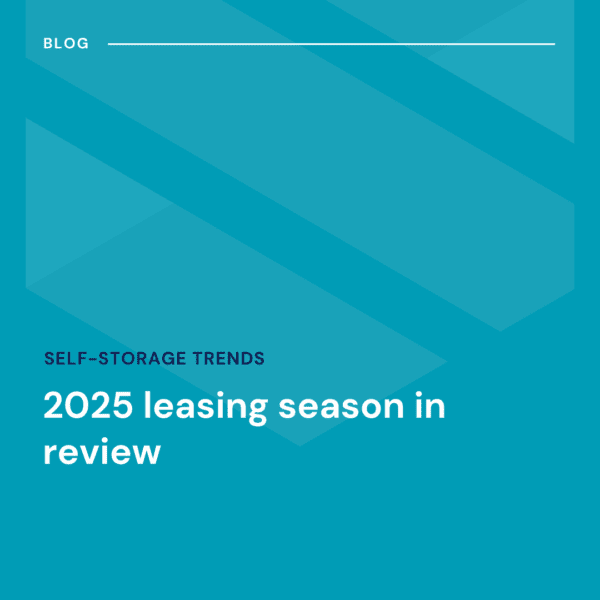 A teal graphic with the title "2025 leasing season in review" and the subtitle "Self-storage trends" under a "Blog" heading.