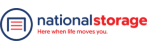 Logo for "national storage" with a garage icon on the left and the tagline "Here when life moves you." written below.