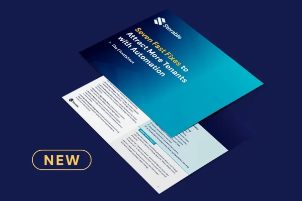 A booklet titled "Seven Fast Fixes to Attract More Tenants With Automation" by Storable, displayed on a dark blue background with a "NEW" label.