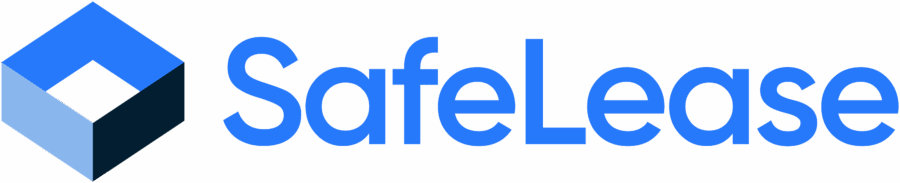 SafeLease logo featuring a geometric blue cube design on the left and the word "SafeLease" in bold blue text on the right.