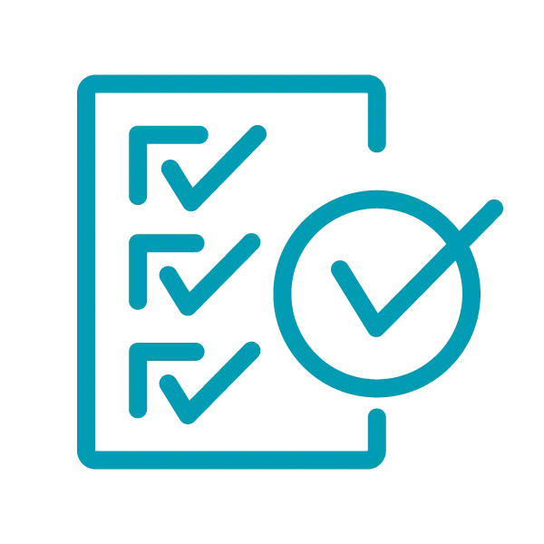 Blue icon of a checklist with three check marks and a large circle containing a check mark, symbolizing ai business intelligence and streamlined decision-making.