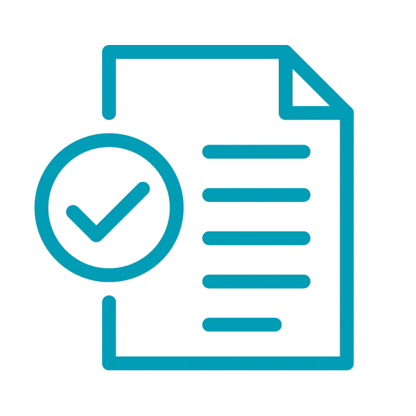 Blue icon of a document with horizontal lines and a checkmark inside a circle overlapping the left side, on a black background—perfect for representing ai business intelligence solutions.
