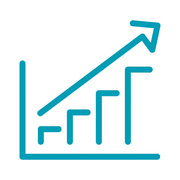 A blue bar chart with four ascending bars and an upward-pointing arrow, illustrating ai business intelligence-driven growth or progress.