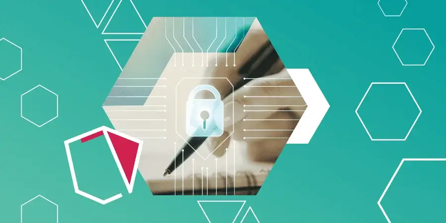 A digital lock icon overlays a hand signing a document, set against a teal background with hexagonal and circuit patterns, symbolizing secure digital signatures.