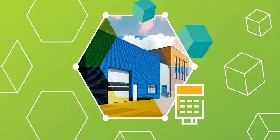 A digitally illustrated image of an industrial warehouse building, surrounded by geometric shapes and a calculator icon on a green background.
