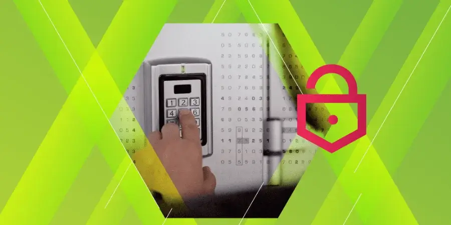 A person entering a code on a keypad lock, with a graphic of a padlock and green geometric overlay in the background.