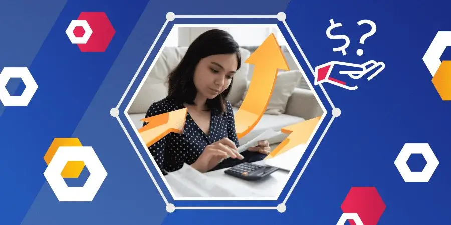 A woman uses a calculator while looking at papers, surrounded by upward arrows, with a dollar sign and question mark symbol in the background.