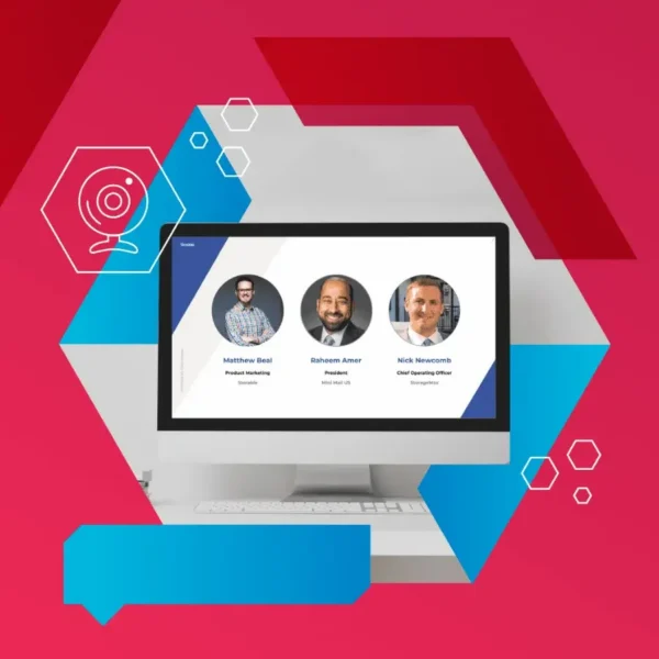 A computer monitor displays three men's headshots and names against a graphic background with geometric shapes in blue, red, and white.