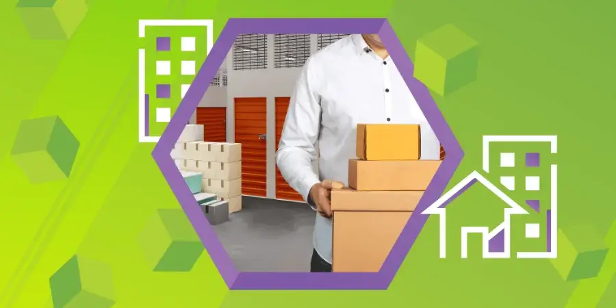 A person in a white shirt holds stacked cardboard boxes inside a storage facility with orange doors, overlaid by geometric and storage building graphics.