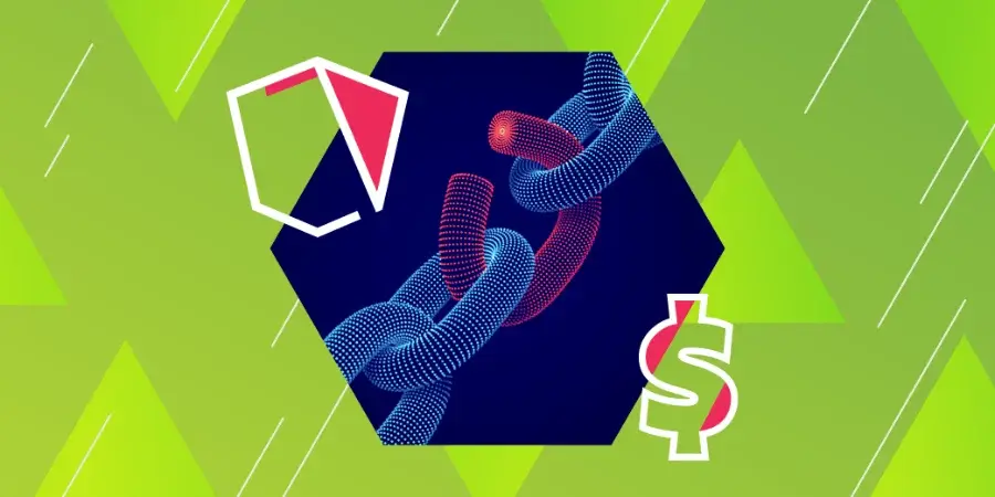 Digital illustration featuring a stylized blockchain chain, a geometric shape, and a dollar sign on a green background with diagonal lines and triangles.