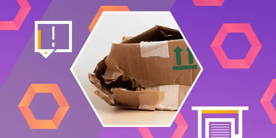 A damaged, partially crushed cardboard box sits on a surface, shown within a hexagonal frame against a purple geometric background.