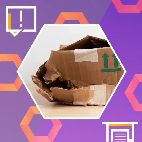 A damaged and crushed cardboard box sits on a flat surface, displayed within a hexagonal frame on a purple geometric background.